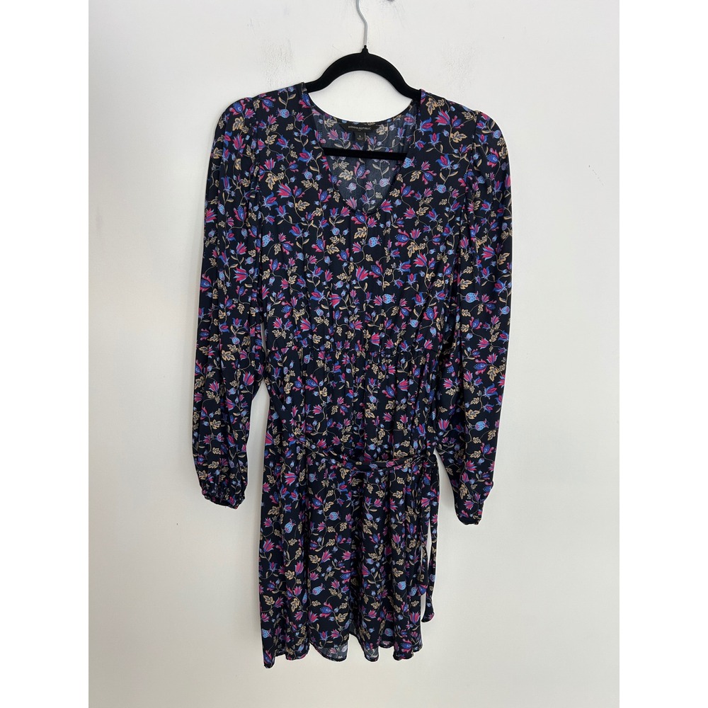 Banana Republic Women Floral V-Neck Midi Dress Long Sleeve Black Pink Blue Small